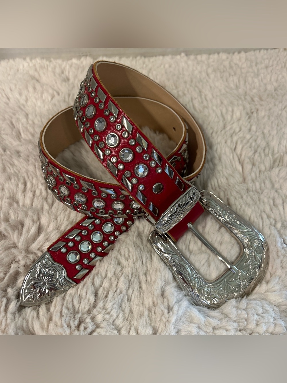 Red Western Belt With Rhinestones & Studs Leather Belt Womens Medium 29 To 33